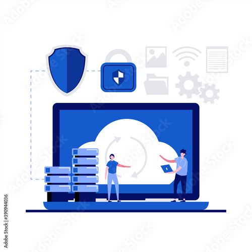 Cloud backup service backup solution concept with character. People with network elements storage capsules. Hosting website interface idea. storage. Modern flat style for landing page, hero images