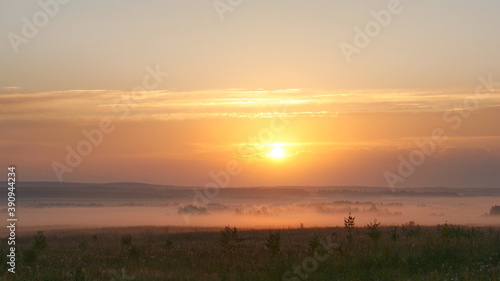 Dawn in the meadow. Colorful sunrise and fog over the field.