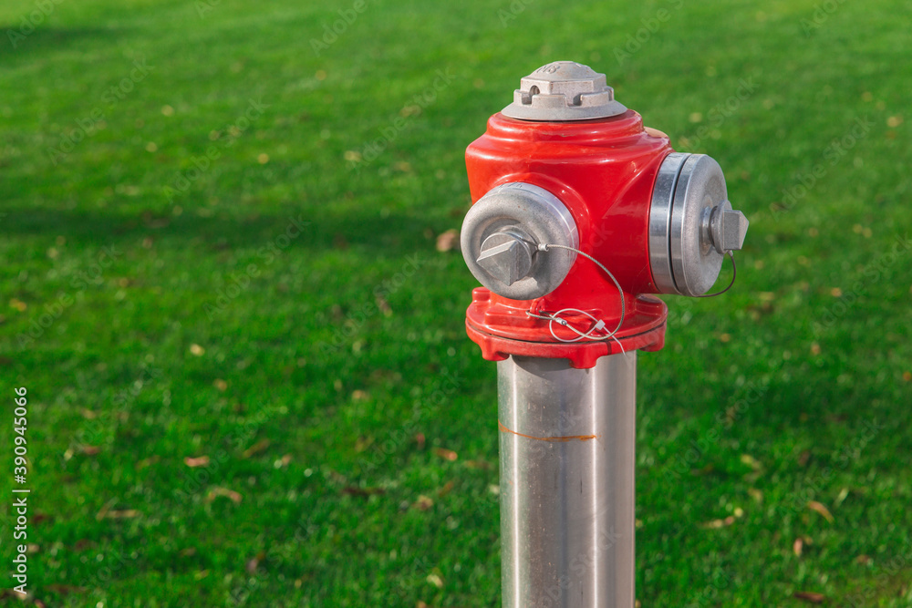 Red hydrant on the lawn, place for an inscription Red hydrant on the lawn, place for an inscription