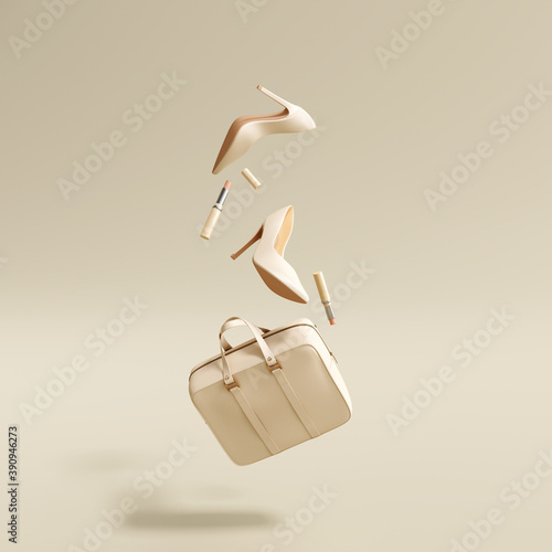 Flying woman's accessories bag, high heels, lipsticks on cream color background. 3d rendering