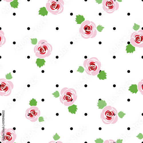 Fototapeta Naklejka Na Ścianę i Meble -  pink roses and leafs vector illustration, outlined with black polka dot and white background, seamless pattern.