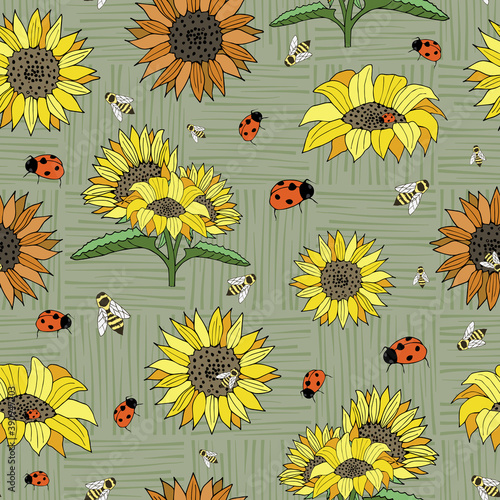 Vector Sage Green with Sunflowers, Bees and Lady Beetles Seamless pattern background. Features a textured background with a floral and insect pattern. Good for decor, packaging, accessories, kids