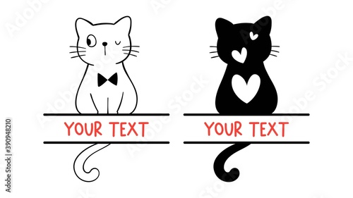 Draw cute black cat monogram frame.