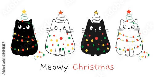 Draw happy cats with Christmas light For winter and New year.