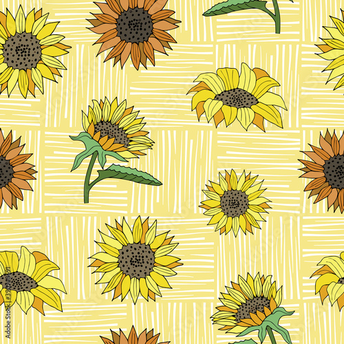 Vector Yellow Sunflowers Seamless pattern background from the Country Sunflower Collection. Contemporary design featuring a textured background with yellow and burnt orange sunflowers. Good for decor
