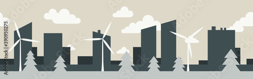 Ecological city, horizontally seamless vector illustration. Environment conservation, green city silhouette. Renewable energy, windmills.