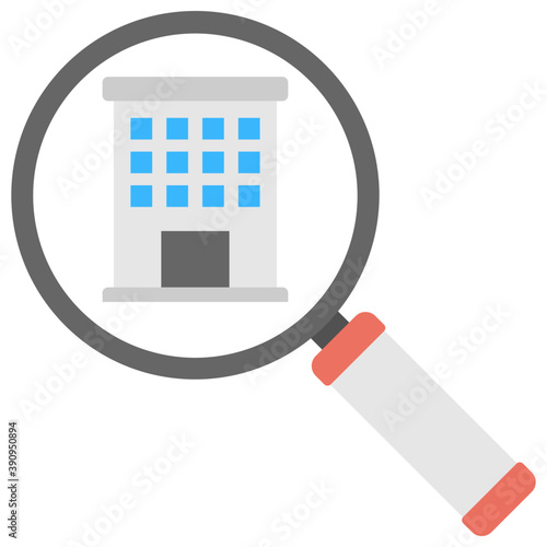  Flat icon of a hotel building through a magnifying glass 