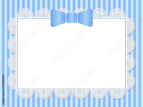 Rectangle lace frame on blue stripes. Vector illustration.