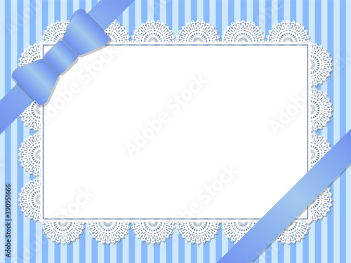Rectangle lace frame on blue stripes. Vector illustration.