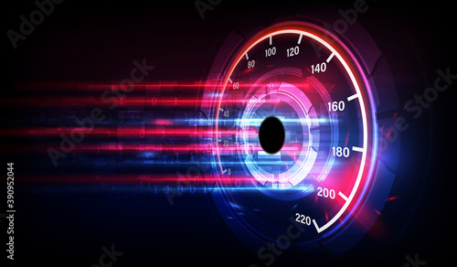 Speed motion background with fast speedometer car. Racing velocity background. photo