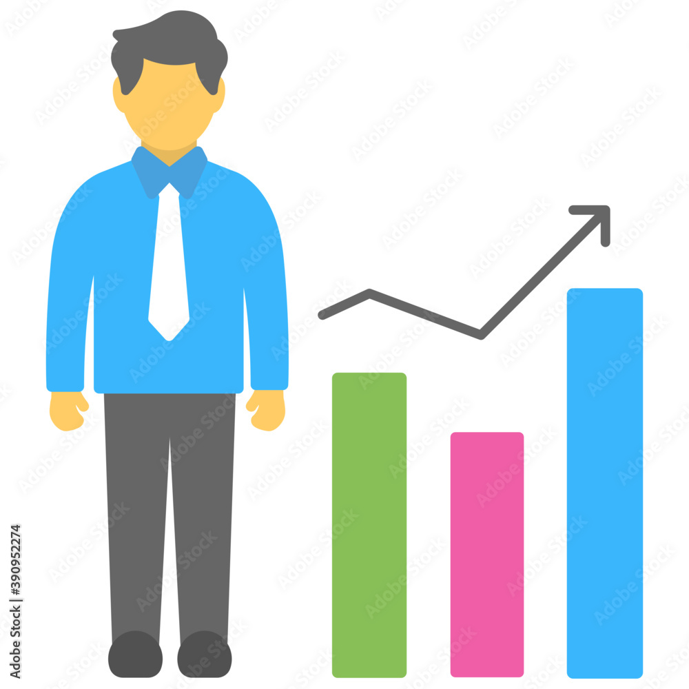 A person standing next to growth graph, flat icon of businessman growth
A person standing next to growth graph, flat icon of businessman growth