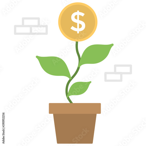 
Flat icon of a plant pot with dollar as a flower symbolising financial growth
