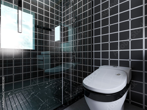 Clean modern residential bathroom and toilet design  which is equipped with washstand  toilet and shower equipment  etc