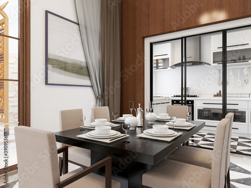 spacious dining room design next to the modern kitchen  with a beautiful dining table and greenery