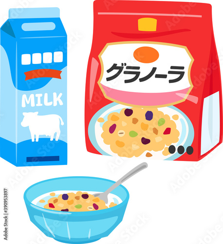 ボウルに入ったグラノーラと牛乳