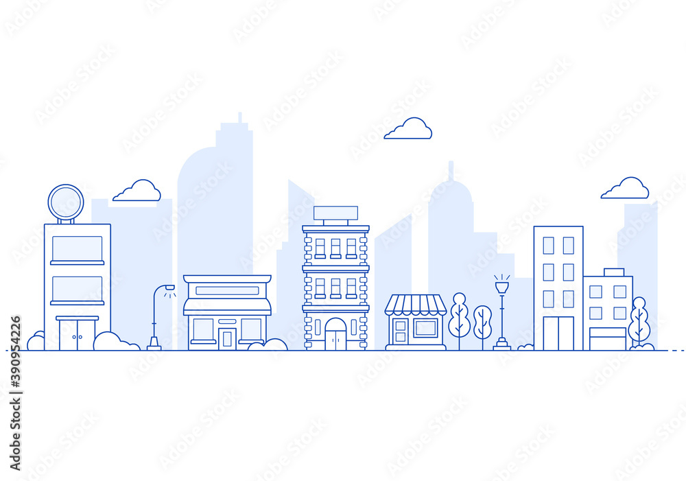Thin line City landscape. Downtown landscape with high skyscrapers. Panorama architecture City landscape template. buildings and store, shop Isolated outline illustration. 
