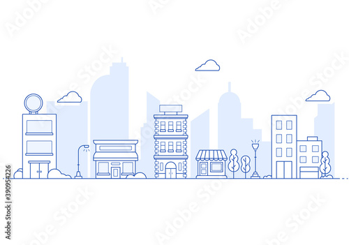 Thin line City landscape. Downtown landscape with high skyscrapers. Panorama architecture City landscape template. buildings and store  shop Isolated outline illustration. 