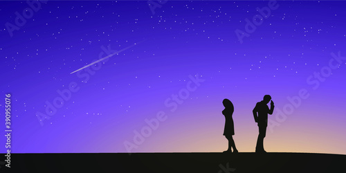 Silhouettes of couple man and woman broken heart. Night sky and stars as background. Love concept. Vector illustration.