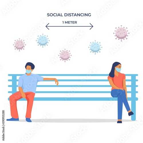 Social distancing new normal environment. people wearing medical mask. new normal illustration concept	
