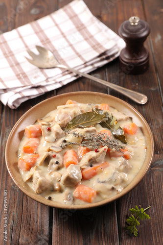 blanquette de veau- veal cooked with cream, carrot and herbs