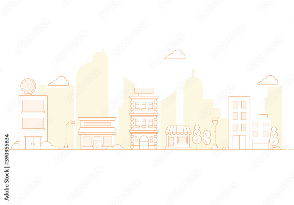 Thin line City landscape. Downtown landscape with high skyscrapers. Panorama architecture City landscape template. buildings and store, shop Isolated outline illustration. 