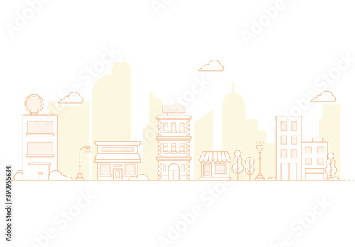 Thin line City landscape. Downtown landscape with high skyscrapers. Panorama architecture City landscape template. buildings and store  shop Isolated outline illustration. 