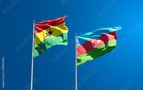 Beautiful national state flags of Ghana and Azerbaijan together at the sky background. 3D artwork concept.