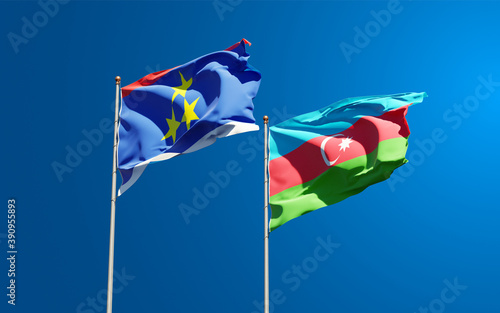Beautiful national state flags of Vojvodina and Azerbaijan together at the sky background. 3D artwork concept..