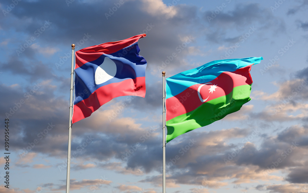 Beautiful national state flags of Laos and Azerbaijan together at the sky background. 3D artwork concept.. Beautiful national state flags of Laos and Azerbaijan together at the sky background. 3D artwork concept..