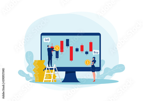 two business trader and business candlestick chart with buy and sell buttons on blue background