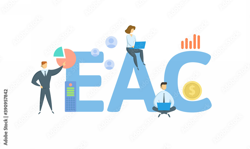 EAC, Equivalent Annual Cost. Concept with keyword, people and icons. Flat vector illustration. Isolated on white background. EAC, Equivalent Annual Cost. Concept with keyword, people and icons. Flat vector illustration. Isolated on white background.