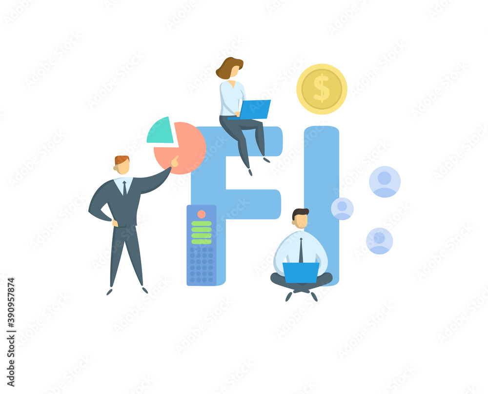 FI, Financial Institution. Concept with keyword, people and icons. Flat vector illustration. Isolated on white background. FI, Financial Institution. Concept with keyword, people and icons. Flat vector illustration. Isolated on white background.