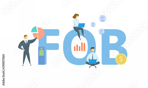 FOB, Free On Board. Concept with keyword, people and icons. Flat vector illustration. Isolated on white background.