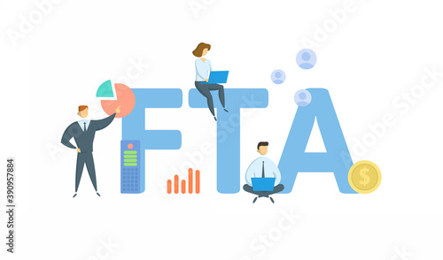 FTA, Free Trade Agreement. Concept with keyword, people and icons. Flat vector illustration. Isolated on white background.