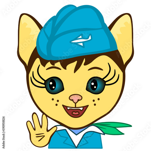 emoji with air hostess smiling & waving her hand, stewardess wearing a fore-and-aft hat, cat simplistic facial expression