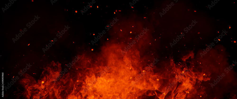 Panoramic view fire on isolated background. Perfect explosion effect for decoration and covering on black background. Concept burn flame and light texture overlays.