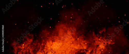 Panoramic view fire on isolated background. Perfect explosion effect for decoration and covering on black background. Concept burn flame and light texture overlays.