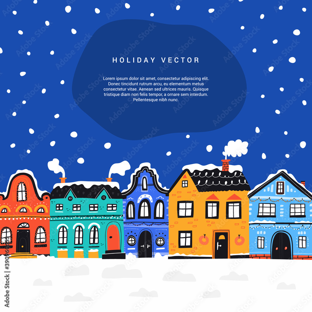 Wintertime in town flat vector banner template