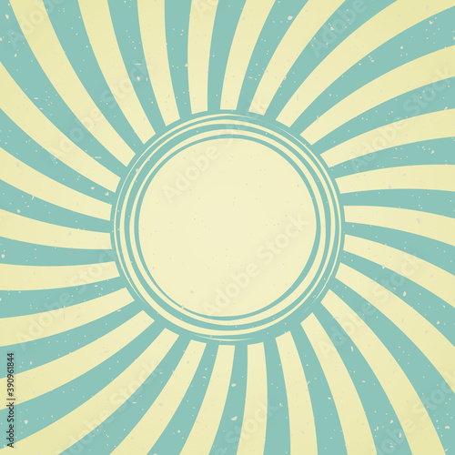 Sunlight retro faded background with shabby round frame for text. turquoise and beige color burst background.