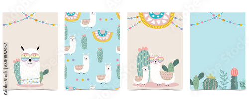 Collection of animal background set with llama, cactus,flower.Editable vector illustration for website, invitation,postcard and sticker