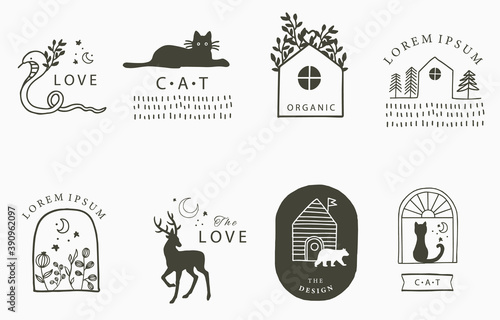 Beauty occult collection with cat, deer,bear,flower,house.Vector illustration for icon,sticker,printable and tattoo