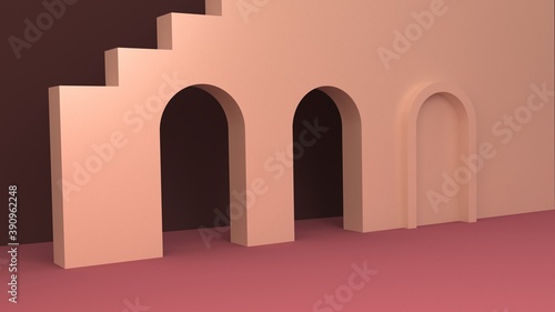 Modern memphis interior with pink wall and archs. 3d rendering