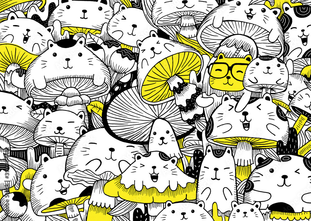 Cats and Mushroom Pattern Illustration