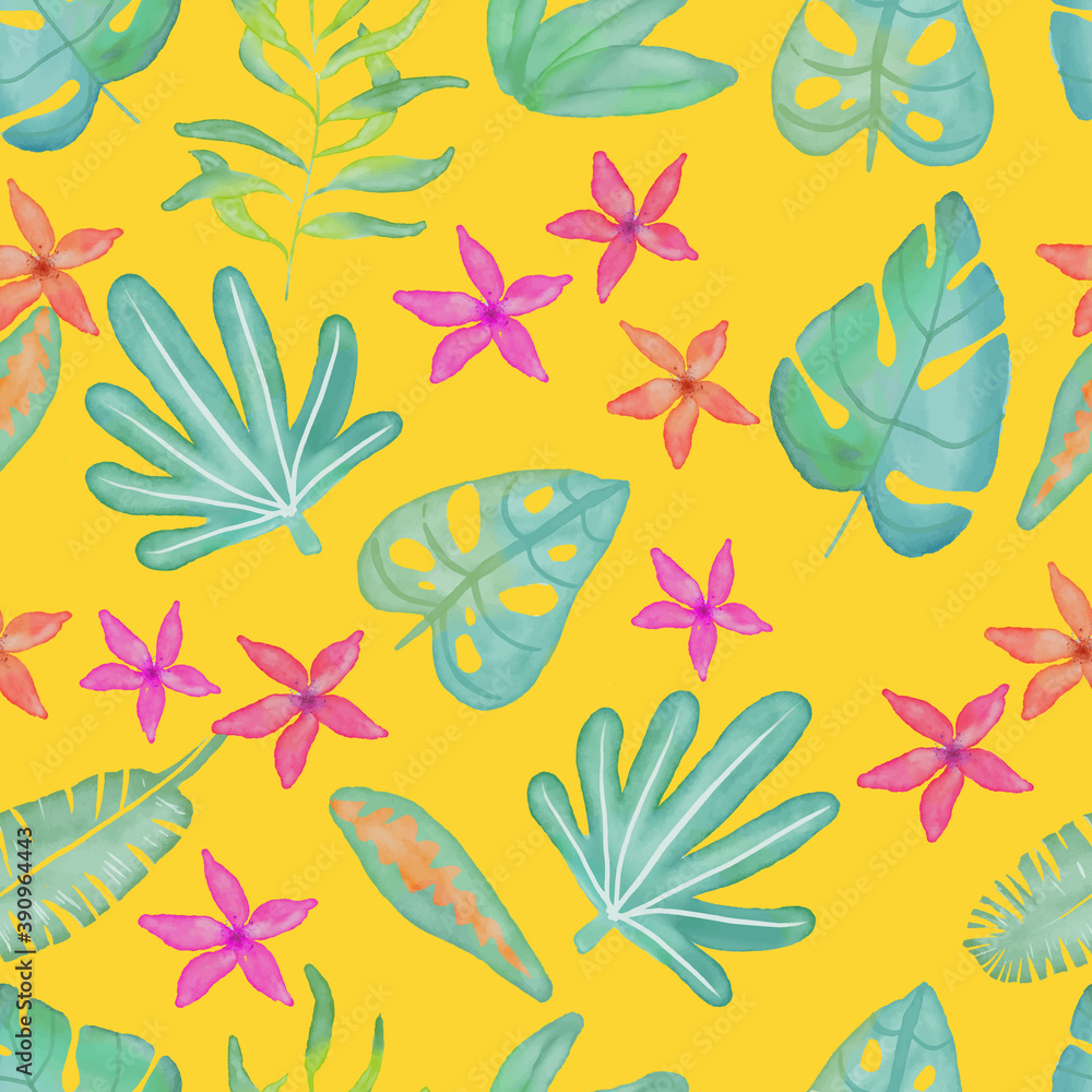 digital watercolor tropical leaves and flowers seamless pattern.Isolated on yellow.Green plants, botanical vector illustration, floral design.For gift wrapping, wallpaper, textile, scrubbing, web page