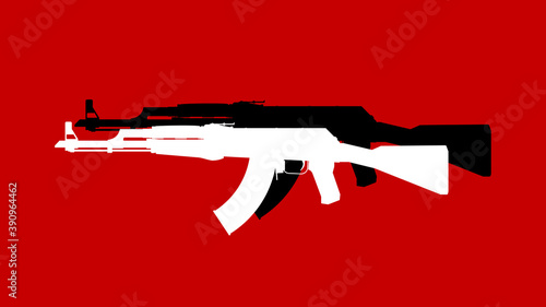 Assault rifle. Flat illustration icon. Vector illustration of a Kalashnikov AK-47 assault rifle. Weapons on a red background with a shadow. Firearms terrorism concept.