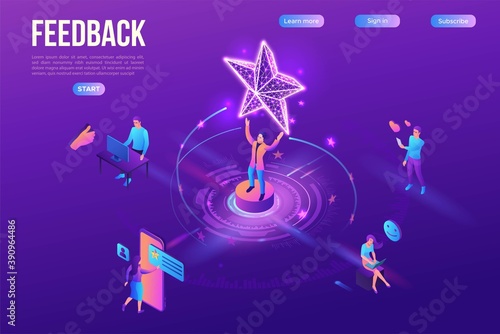 Feedback concept with 3d isometric star icon, customer rate product, client satisfaction survey, people review quality of service, purple vector illustration, landing page template