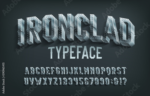 Ironclad alphabet font. 3D metal letters and numbers. Stock vector typescript for your design. photo