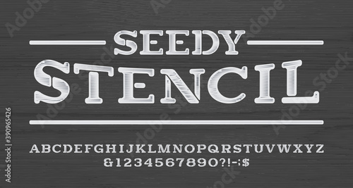 Seedy Stencil alphabet font. Scratched vintage letters and numbers. Wooden background. Vector typescript for your typography design.