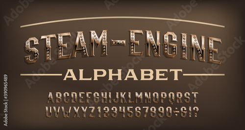 Steam-Engine alphabet font. Steampunk rusty rivet and numbers. Stock vector typescript for your design.