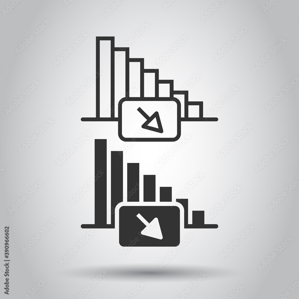 Market trend icon in flat style. Decline arrow with magnifier vector illustration on white isolated background. Decrease business concept. Market trend icon in flat style. Decline arrow with magnifier vector illustration on white isolated background. Decrease business concept.
